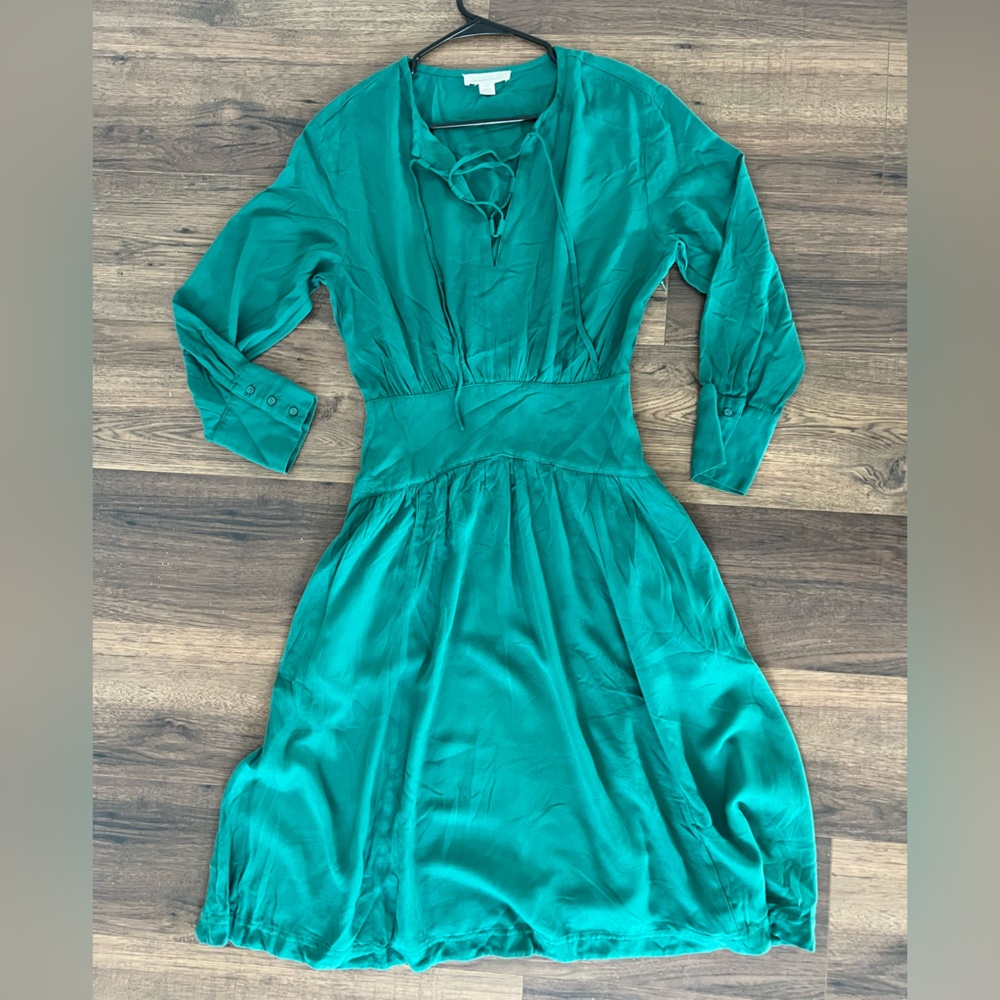 Treasure & Bond Lace Up Front Long Sleeve Midi Dress Green Flowy Pockets - XS